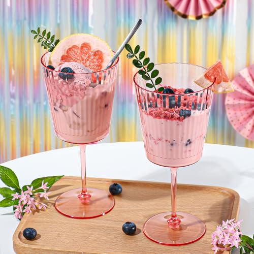 12 PCS Pink Plastic Wine Glasses with Removable Stems 13.5 Oz Pink Ribbed Wine Glasses Square White Wine Glass Muted Paste...