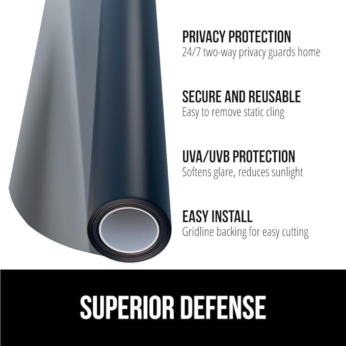 Gorilla Guard Two Way Sun Blocking Window Privacy Film, 29.5" x 78.7", Strong Static Clings to Glass Windows, Peel and Stick, Removable No Residue Stickers, Decorative Bathroom Door Coverings, Black