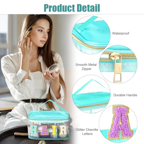 Chenille Letter Clear Makeup Bags Hair Pouch Preppy Patch Makeup Bag Zipper with Handle Transparent PVC Waterproof Glitter...