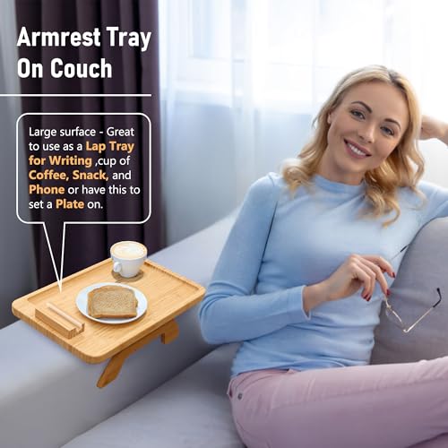 SINWANT Couch Arm Tray,Bamboo Sofa Clip on Side Table,Foldable Couch Armrest Table with 360° Phone Holder,Food Trays for E...