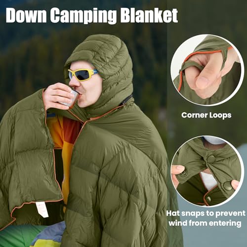 HunnmingRe Upgraded Hooded Down Camping Blanket Waterproof 650 Fill Puffy Poncho Blanket 77" x 50" Packable Wearable Sleep...