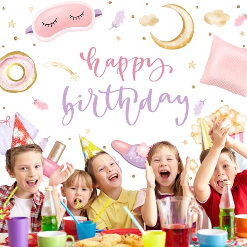 Rsuuinu Happy Birthday Backdrop Sleepover Party Pajamas Pillow Fight Photography Background Pink Girls Birthday Slumber Pa...