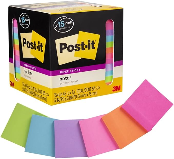 Post-it Super Sticky Notes, Assorted Bright Colors, 3x3 in, 15 Pads/Pack, 45 Sheets/Pad, 2X The Sticking Power, Recyclabl...