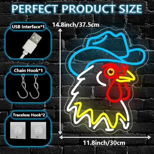 Cowboy Neon Sign,Rooster Dimmable LED Light Signs for Wall Art Decor,Chicken Backdrop for Bar Bedroom Club Party Man Cave ...