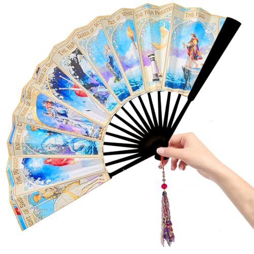 Juglok Oversized Folding Bamboo Tarot Hand Fan - Witchy Astrology Decor for Halloween, Rave Fan, Gypsy Costume, Fortune Te...