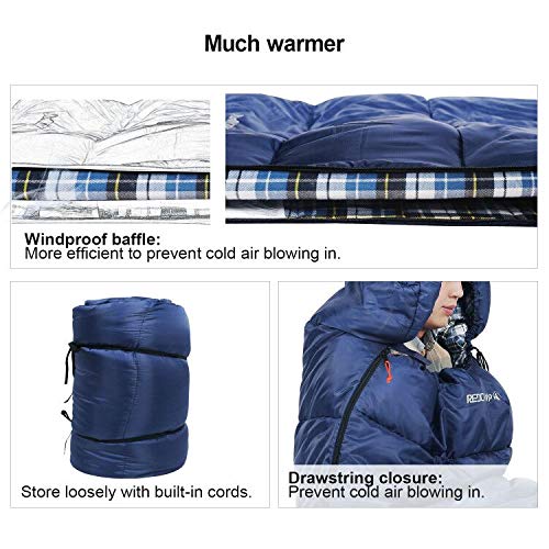 REDCAMP Flannel Sleeping Bag for Adults, Comfortable Cotton Sleeping Bags for Camping with Detachable Hood, Red/Grey/Blue/...