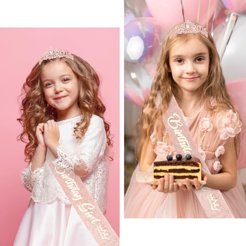 CIEHER Birthday Girl Crown and Sash - Rose Gold Tiara Birthday Decorations for Women and Girls