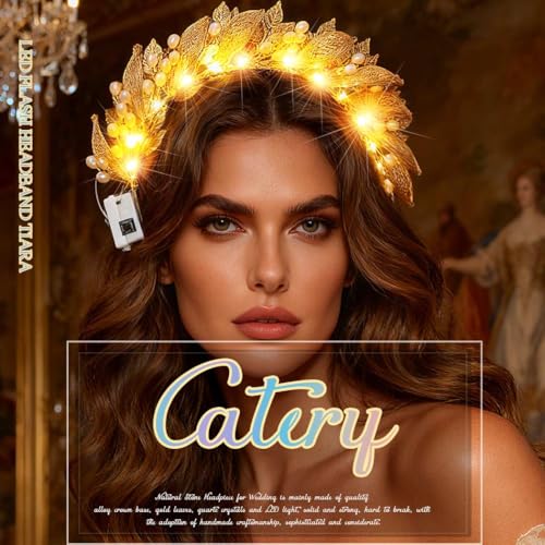 Catery Gold Leaf Headband Light up Greek Goddess Crown Headpiece Costume Accessories for Women