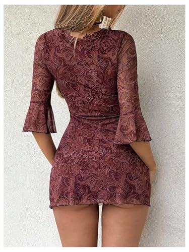 Verdusa Women's Vintage Paisley Bodycon Dresses Boho Western Flounce Sleeve Mini Dress Festival Outfits