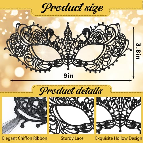 UV-BANS Masquerade Mask for Women - 2 Pcs Lace Black & Gold Masquerade Mask for Women Halloween Costume, Carnival, Mardi G...