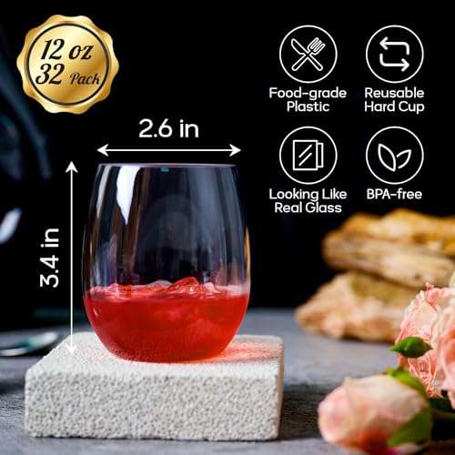 FOCUSLINE 32 Pack Plastic Wine Glasses Stemless, 12 Oz Crystal Clear Disposable Wine Cups, Reusable Plastic Wine Glasses f...