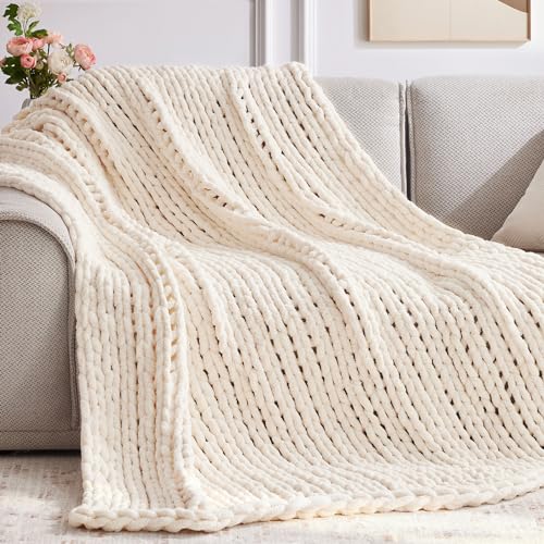 Negwoo Chunky Knit Throw Blanket, 50''*60'' Knitted Throw Chenille Yarn for Bed Couch, Handmade Cream Crochet Big Thick Bl...