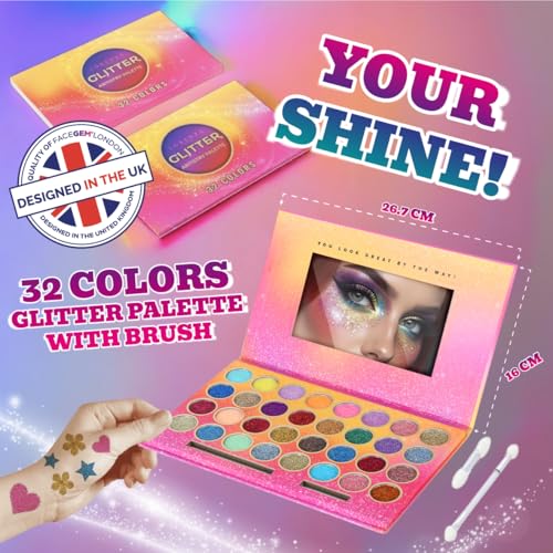 32 Colours Glitter Eyeshadow Palette, Make-Up Palette, Face and Body Glitter, glitter tattoos, festival accessories, Glitt...