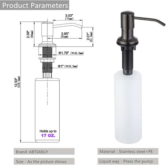Soap Dispenser for Kitchen Sink, Lotion Dispenser for Kitchen Sink Stainless Steel Pump Head, with 17 Ounce Soap Bottle Refill from The Top,Soap Pump for Kitchen Sink Gun Metal