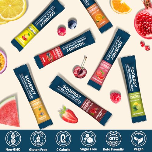 Sooergy Electrolytes Powder Packets Sugar Free Hydration Packets, 7 Flavors Liquid Daily IV Electrolyte Drink Mixes for Re...
