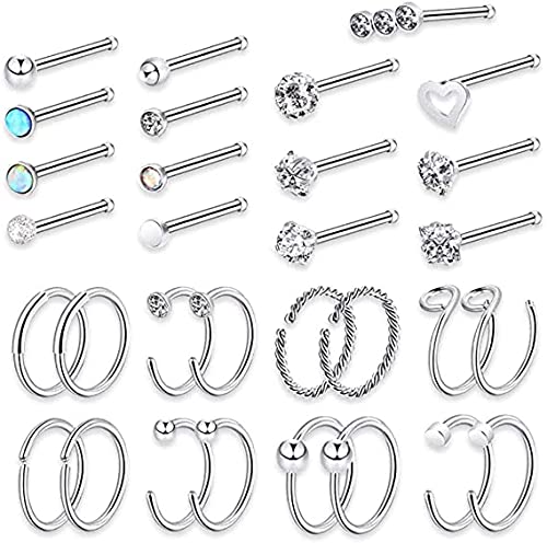 Silver Nose Rings Stud for Women Men 20G Surgical Steel Bone Nose Rings Straight