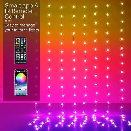 KepStars LED Curtain Lights, 6.5ft x 6.5ft 200 LED RGB Color Changing String Fairy Lights Curtain with Smart APP Control, ...