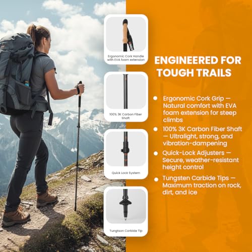 TRAILWORX 3K Carbon Fiber Collapsible Hiking Poles, Adjustable Trekking Poles for Hiking, Walking Sticks with Cork Handle,...