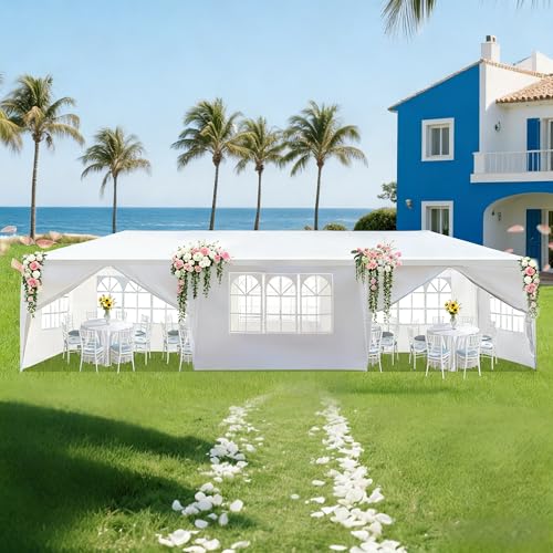 Nyckolas White 10x30 Outdoor Canopy Tent for Party,8 Removable Sidewalls with Windows,Sunshade & Waterproof,Heavy Duty Met...