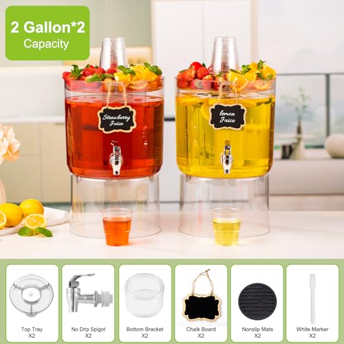 2 Gallon Beverage Dispenser for Parties 2 PACK, BPA-Free Drink Dispenser with No Drip Spigot, Juice Dispensers with Stand,...