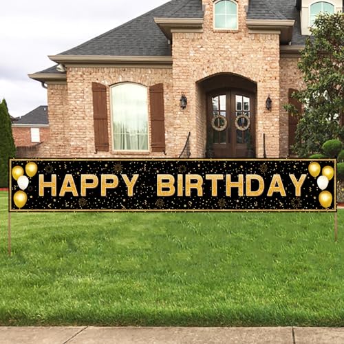 Happy Birthday Banner - 118"x20" Waterproof, Windproof & Tear-Resistant Polyester Sign for Men, Women, Boys & Girls, Black...