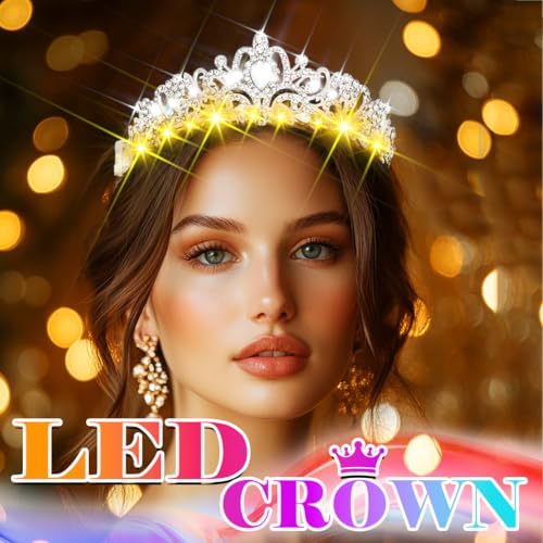 Urieo Light up Rhinestone Tiara LED Silver Crown Headband Glow Wedding Birthday Headpiece for Women