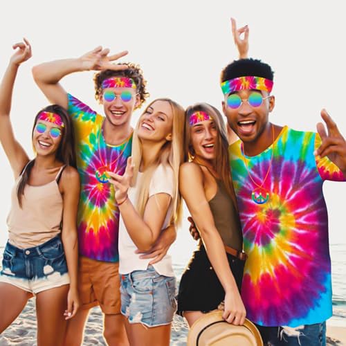 kooirsp Hippie Costume for Men Women 4PCS Mens 60s 70s Outfit Set Colorful Hippie Shirt Sunglasses Headband Peace Necklace