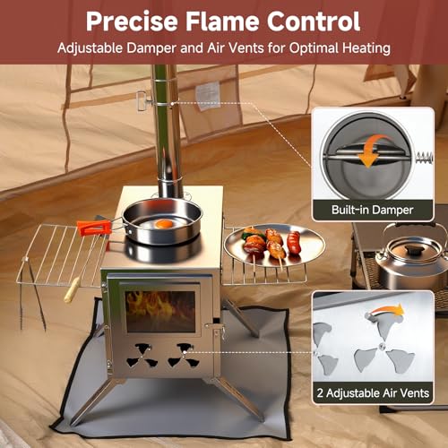 H&ZT Large Hot Tent Stove, Upgraded Wood Burning Stove with 9 Chimney Pipes, Portable Camping Heater for Cooking, Hunting...