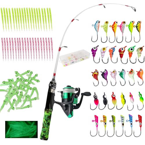 Generic 122Pcs Ice Fishing Rod Reel Combo, 24" Medium Light Ice Fishing Rod Kit with Ice Fishing Jigs, Lures for Trout, Wa...