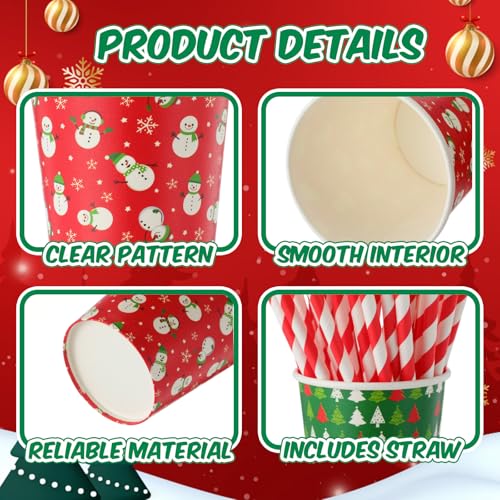 FoldTier 120 Set 9 oz Christmas Hot Cocoa Paper Cups Bulk Disposable Paper Coffee Tea Cups with Straws Christmas Hot Choco...