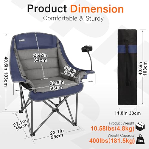 Camping Chairs for Adults-Oversized Extra Large Lawn Chair,Folding Comfy Padded Chair w/Phone Holder,Side Pocket,Cup Holde...