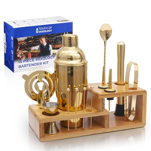 14PC Bartender Kit - Gold Cocktail Shaker Set - All Barware Essentials for Drink Mixing Includes Stand, Martini Shaker, Ji...