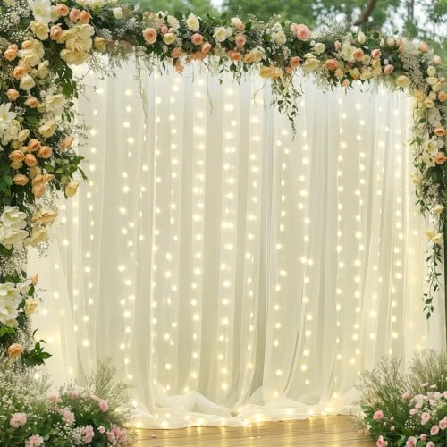 10×10ft Cream White Tulle Backdrop Curtain with Lights String for Parites, Sheer Photo Curtain Backdrop Drapes for Wedding...