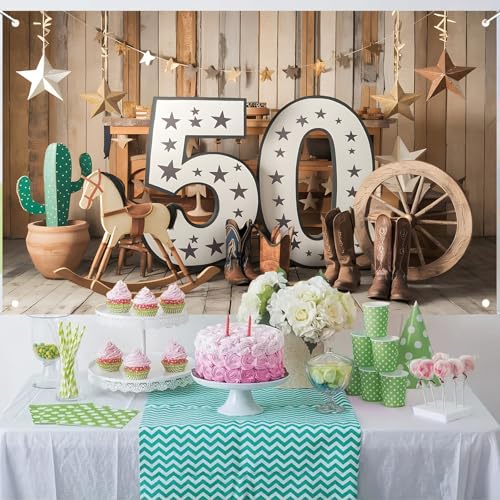 MOXDBT 50th Birthday Western Cowboy Backdrop Banner - Rustic Wild West Theme Polyester Photo Background for Party Decor, 7...
