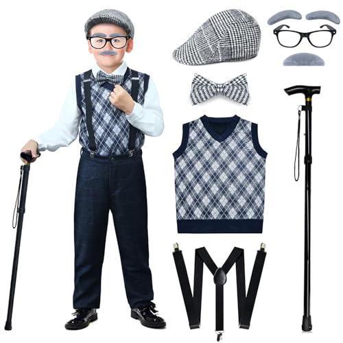 Nabobs 100 Days of School Costume for Boys – Old Man Costume with Grandpa Hat, Beard, and Vest for Kids School Cosplay