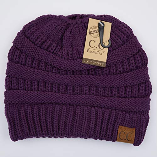 C.C Exclusives Soft Stretch Cable Knit Messy Bun Ponytail Beanie Winter Hat for Women (MB-20A)