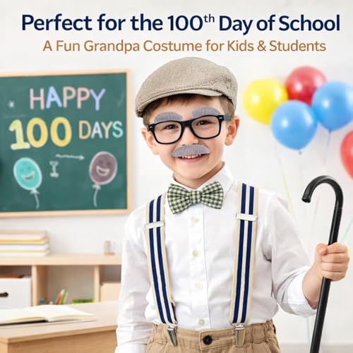 Tangrove Old Man Costume for 100 Days of School - 6PCS Set Include Beret Hat, Beard & Eyebrows,Suspenders, Bow Tie, Glasses