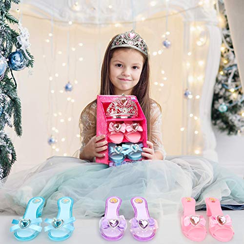 Mastom Girls Play Set! Princess Dress Up Shoes and Tiara (3 Pairs of Shoes + 1 Tiara) Role Play Collection Fashion Princes...