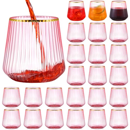 Singhoow 24 Pcs Valentine Pink Plastic Wine Glasses Ribbed Disposable Wine Glasses Unbreakable Stemless Champagne Whiskey ...