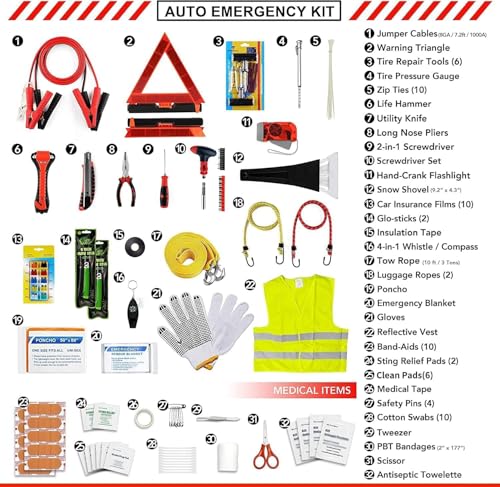 Kitgo Car Emergency Kit,Premium Roadside Assistance Essentials with Jumper Cables, Flashlight, Shovel, Screwdriver Set - I...