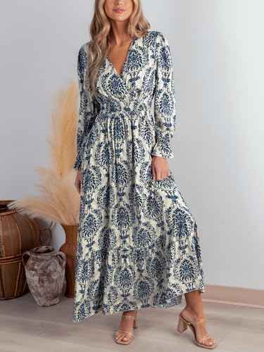 CUPSHE Maxi Dresses for Women V Neck Ruffled Long Sleeve Paisley Smocked Waist A Line Casual Flowy Fall Wedding Guest Dress