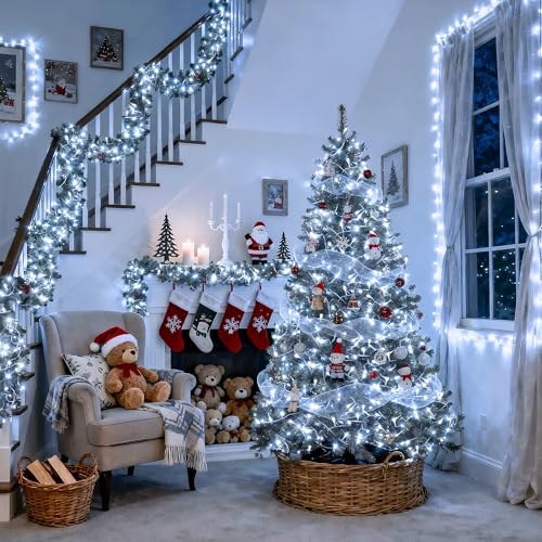 JMEXSUSS 66ft 200 LED White Christmas Lights Indoor Outdoor, Connectable String Twinkle Lights Outdoor Clear Wire Plug in ...