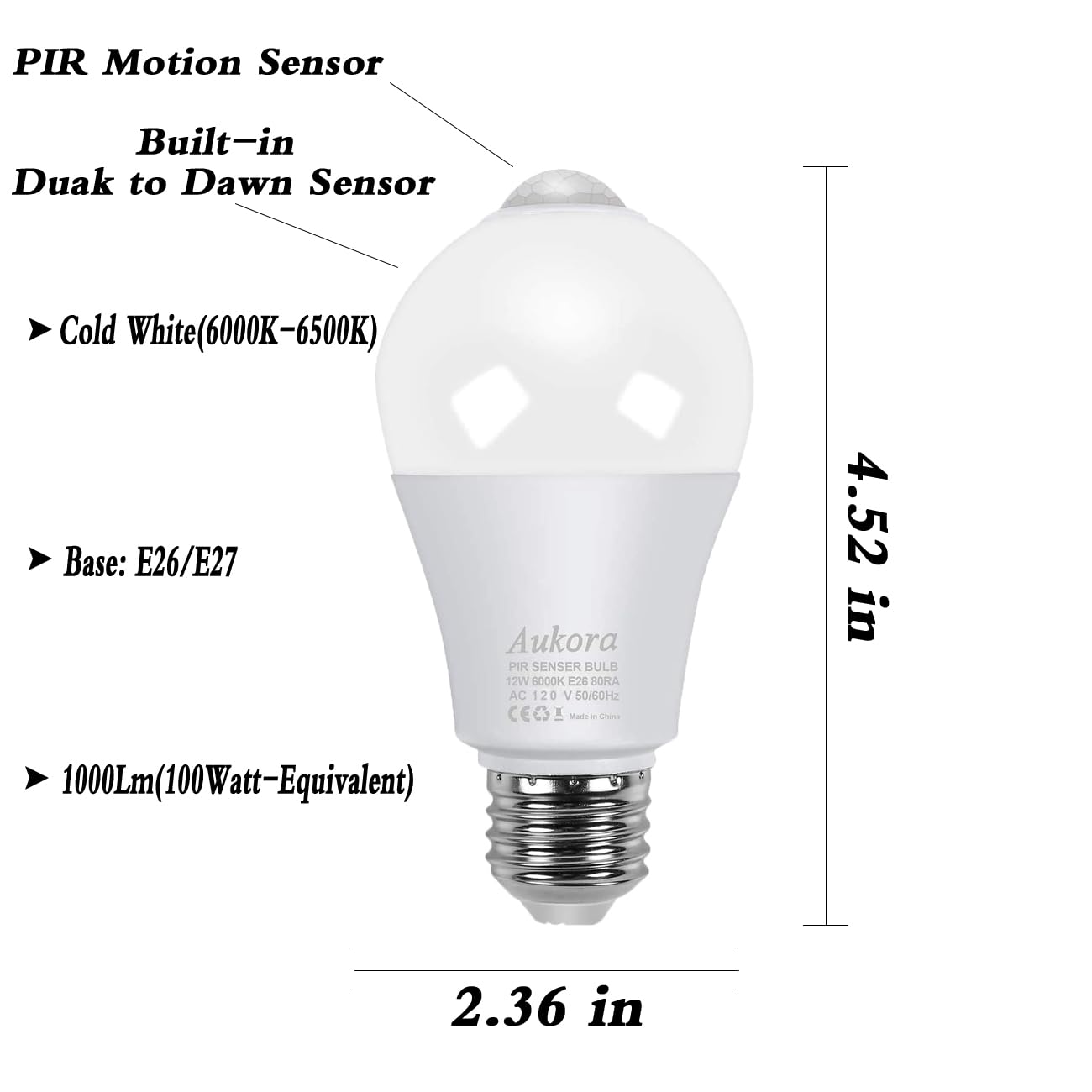 Motion Sensor Light Bulbs, Aukora 12W (100-Watt Equivalent) E26 Motion Activated Dusk to Dawn Security Light Bulb Outdoor/Indoor for Front Door Porch Garage Basement Hallway Closet(Cold White 1 Pack)