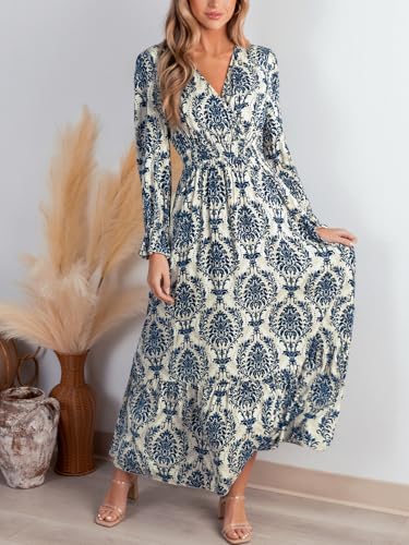 CUPSHE Maxi Dresses for Women V Neck Ruffled Long Sleeve Paisley Smocked Waist A Line Casual Flowy Fall Wedding Guest Dress