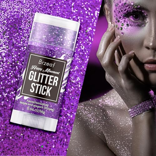Brzeaf Purple Glitter Stick for Makeup, Not Greasy & Shimmery & Long Lasting, Chunky Glitter for Face/Body/Hair/Eyes, Sing...