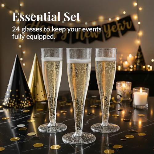 Prestee 24 Champagne Flutes Plastic - Disposable Flute - Silver Glitter Plastic Glasses for Parties - Mimosa Bar, Wedding,...