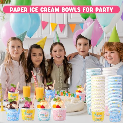 Ninehaoou 200 Sets 6 oz Ice Cream Paper Cups with Wooden Spoons Bulk Ice Cream Sundae Bar Supplies Disposable Dessert Bowl...