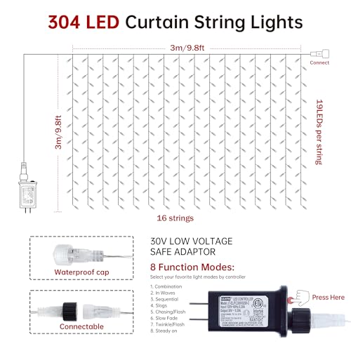 HEYFUNi 304 LED Curtain Lights Outdoor, 9.8Ft*9.8Ft Hanging String Lights Plug in with 8 Modes, Connectable Curtain Fairy ...