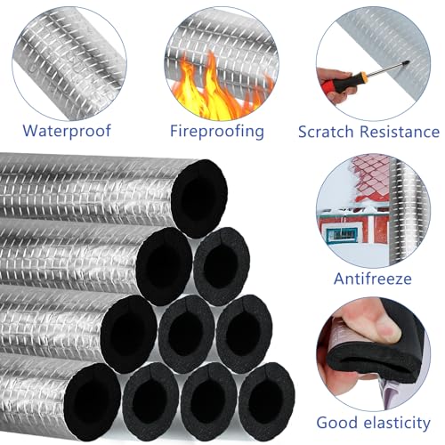 10 Pcs Pipe Insulation Foam Tube Self Adhesive Insulation Foam Wrap Aluminum Foil Pipe Covers for Spigot, Winter Outside P...