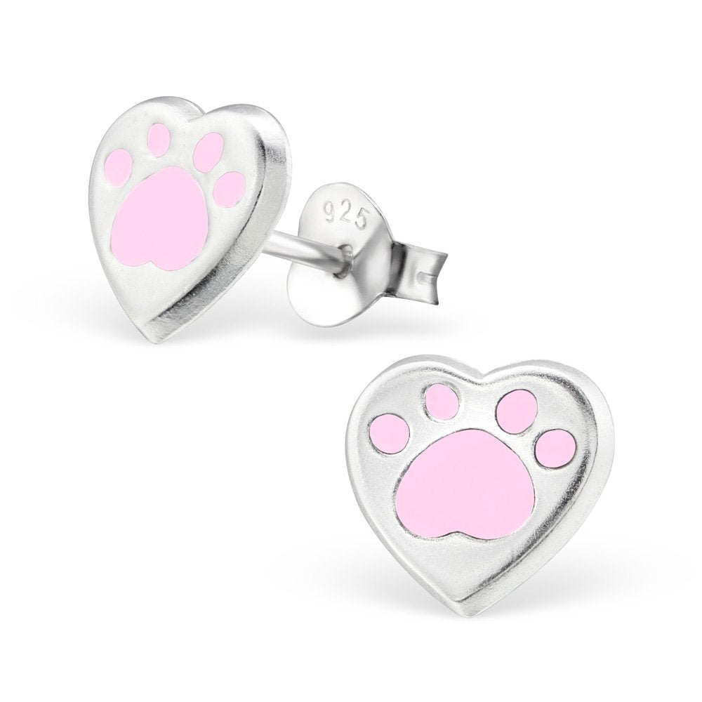 925 Sterling Silver Hypoallergenic Paw Print Stud Earrings (Choose Your Style) (Pink Heart)